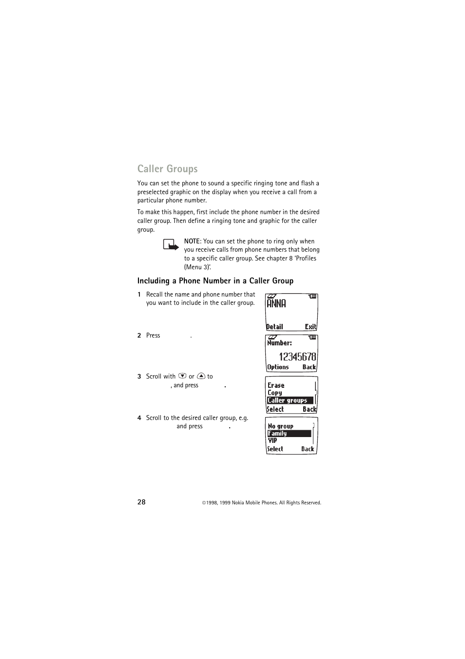 Caller groups, Including a phone number in a caller group | Nokia 6150 User Manual | Page 28 / 84
