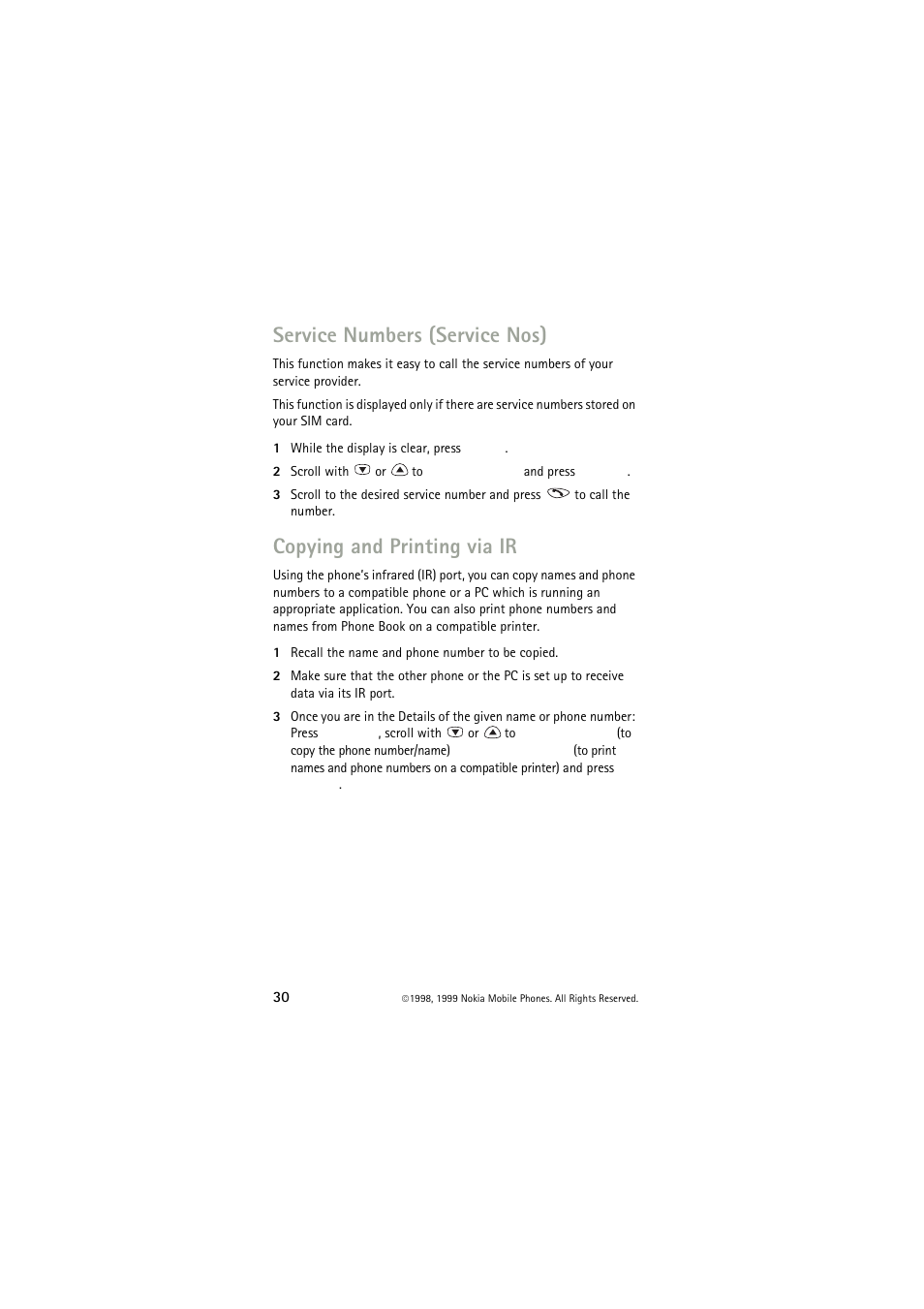 Service numbers (service nos), Copying and printing via ir | Nokia 6150 User Manual | Page 30 / 84