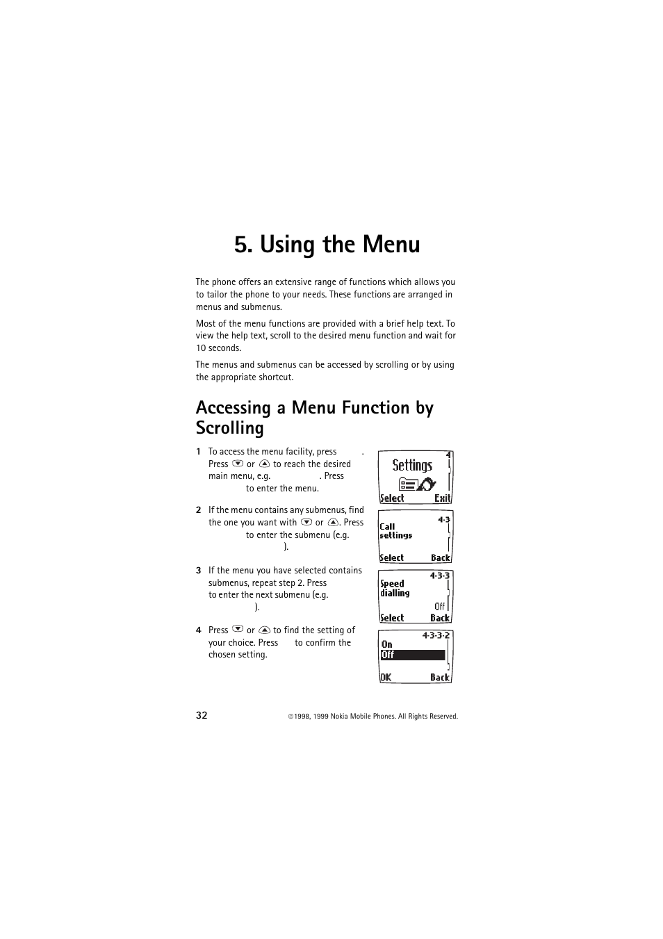 Using the menu, Accessing a menu function by scrolling | Nokia 6150 User Manual | Page 32 / 84