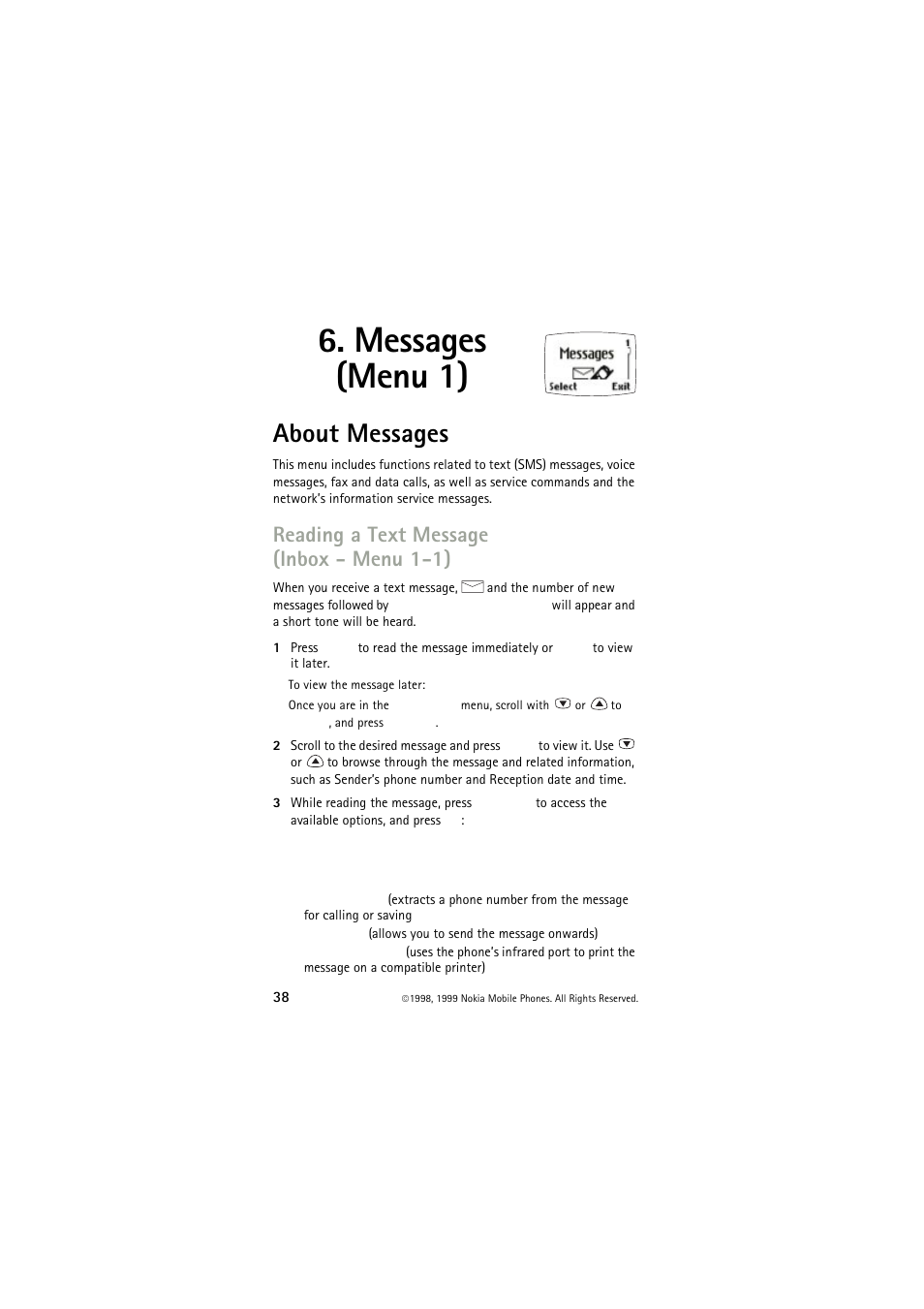 Messages (menu 1), About messages, Reading a text message (inbox - menu 1-1) | Nokia 6150 User Manual | Page 38 / 84