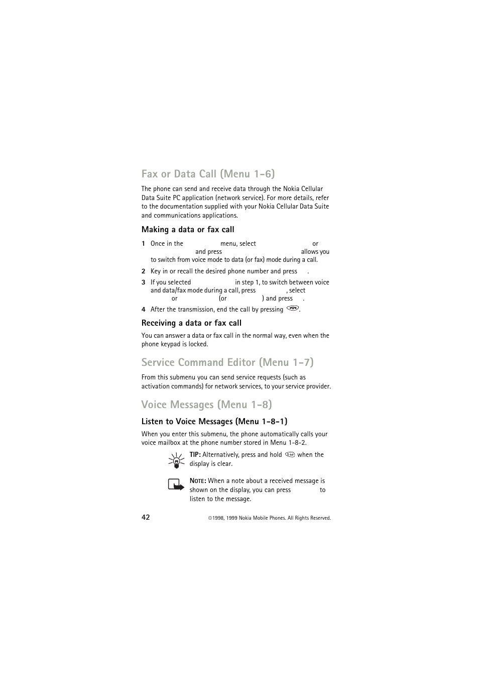 Fax or data call (menu 1-6), Making a data or fax call, Receiving a data or fax call | Service command editor (menu 1-7), Voice messages (menu 1-8), Listen to voice messages (menu 1-8-1) | Nokia 6150 User Manual | Page 42 / 84
