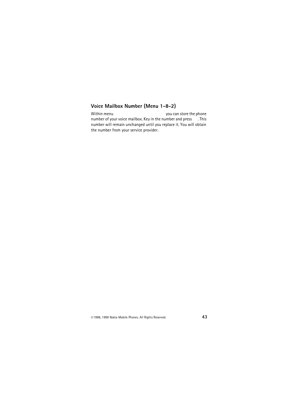 Voice mailbox number (menu 1-8-2) | Nokia 6150 User Manual | Page 43 / 84