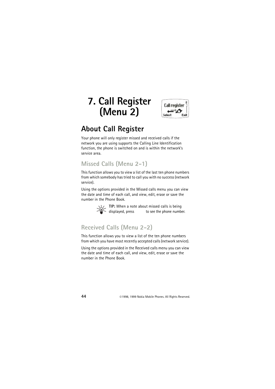 Call register (menu 2), About call register, Missed calls (menu 2-1) | Received calls (menu 2-2), Missed calls (menu 2-1) received calls (menu 2-2) | Nokia 6150 User Manual | Page 44 / 84