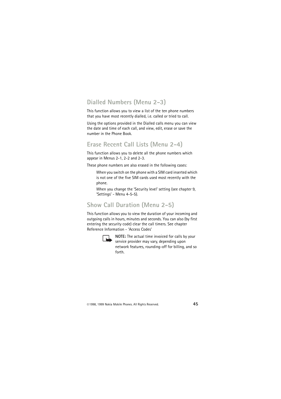 Dialled numbers (menu 2-3), Erase recent call lists (menu 2-4), Show call duration (menu 2-5) | Nokia 6150 User Manual | Page 45 / 84