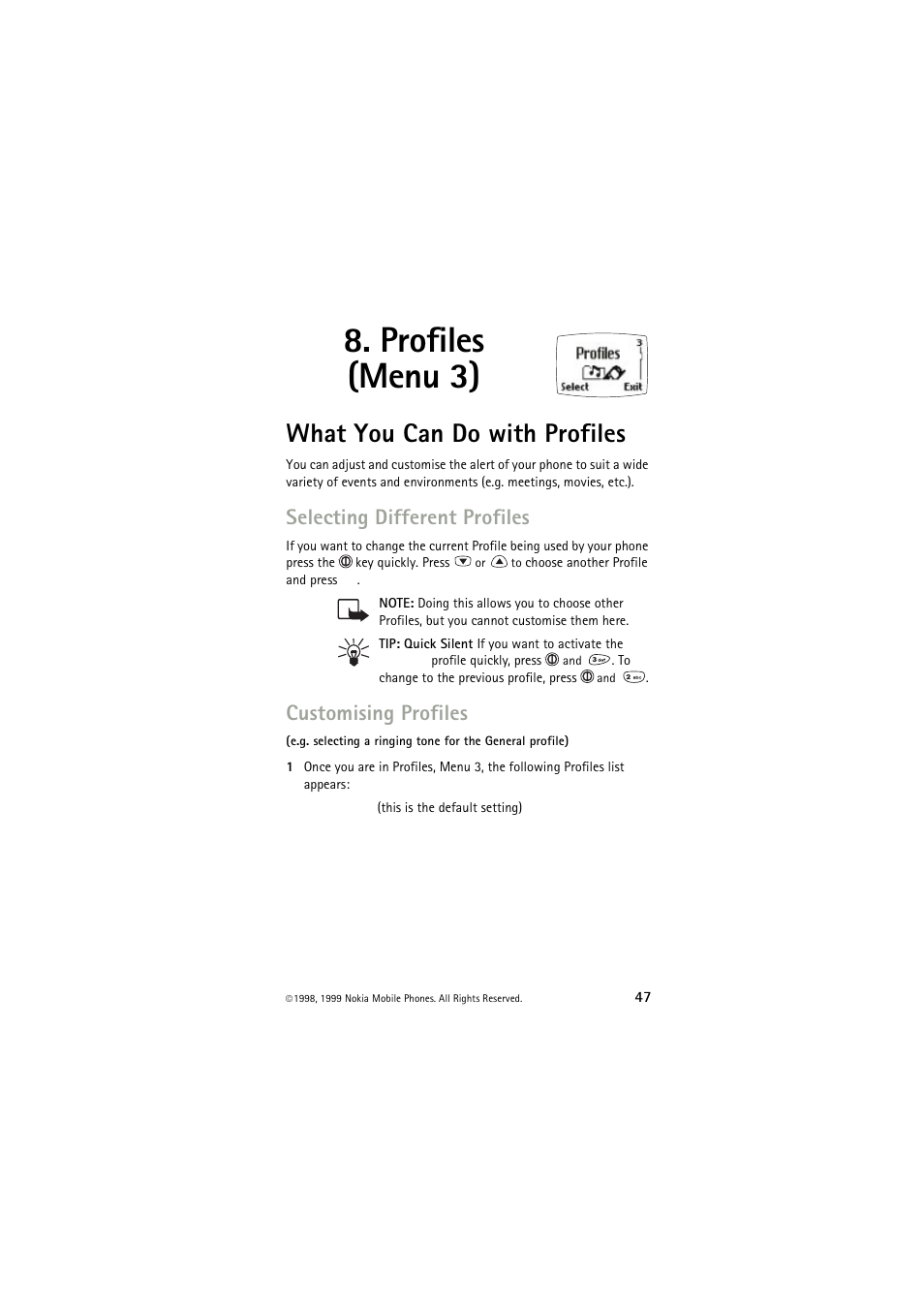 Profiles (menu 3), What you can do with profiles, Selecting different profiles | Customising profiles, Selecting different profiles customising profiles | Nokia 6150 User Manual | Page 47 / 84