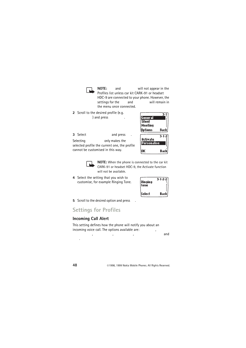 Settings for profiles, Incoming call alert | Nokia 6150 User Manual | Page 48 / 84