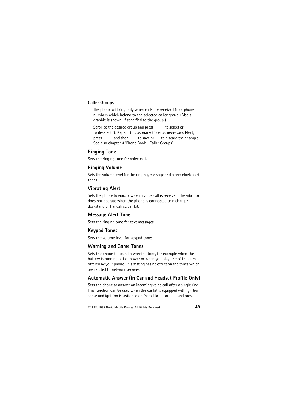 Ringing tone, Ringing volume, Vibrating alert | Message alert tone, Keypad tones, Warning and game tones, Automatic answer (in car and headset profile only) | Nokia 6150 User Manual | Page 49 / 84