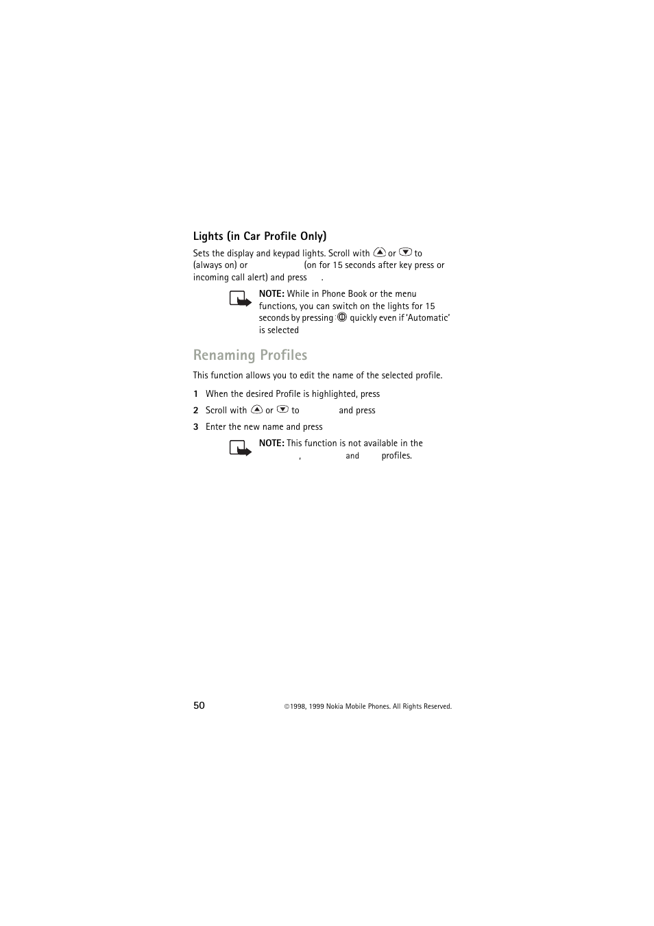 Lights (in car profile only), Renaming profiles | Nokia 6150 User Manual | Page 50 / 84