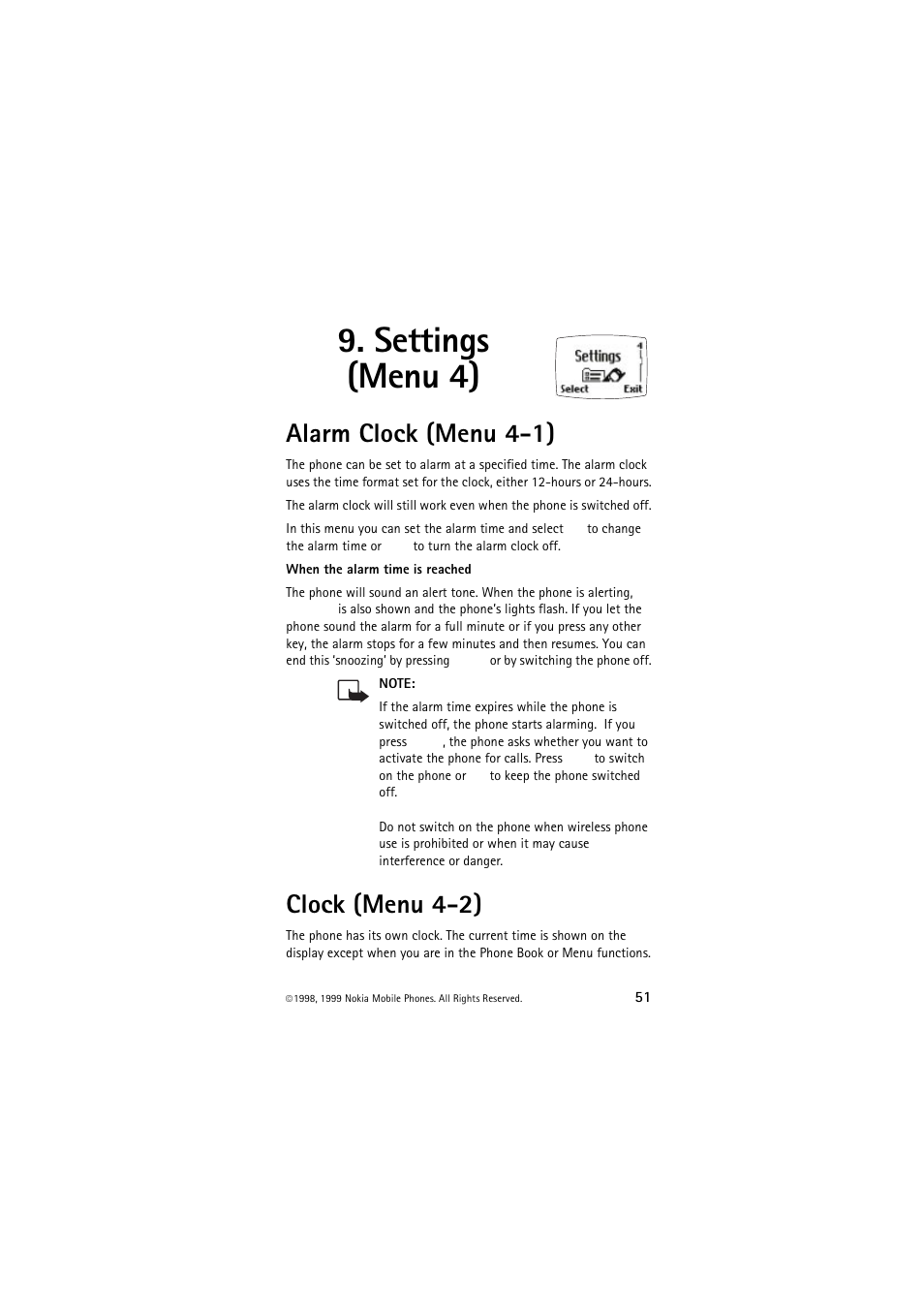 Settings (menu 4), Alarm clock (menu 4-1), Clock (menu 4-2) | Alarm clock (menu 4-1) clock (menu 4-2) | Nokia 6150 User Manual | Page 51 / 84