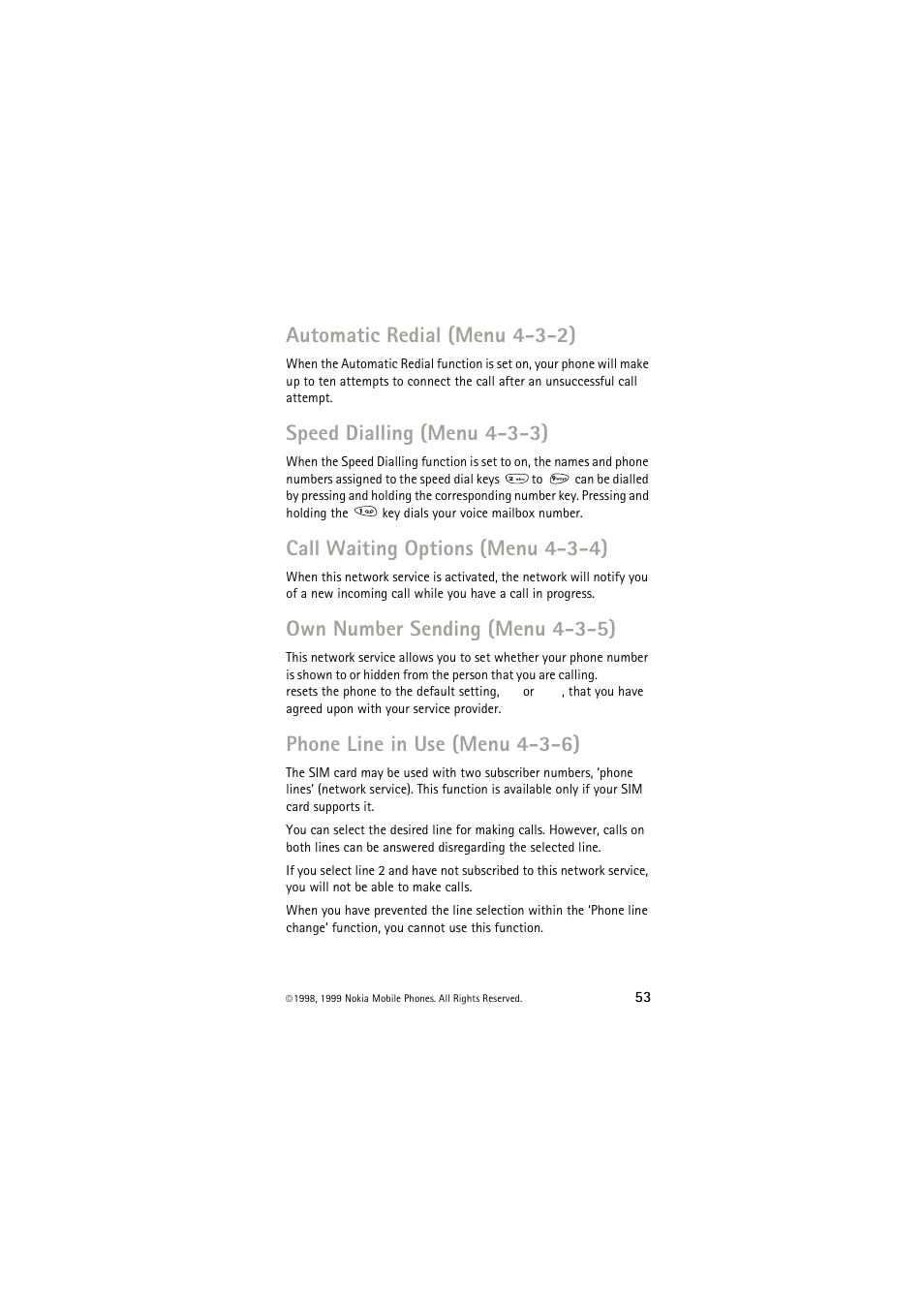 Automatic redial (menu 4-3-2), Speed dialling (menu 4-3-3), Call waiting options (menu 4-3-4) | Own number sending (menu 4-3-5), Phone line in use (menu 4-3-6) | Nokia 6150 User Manual | Page 53 / 84