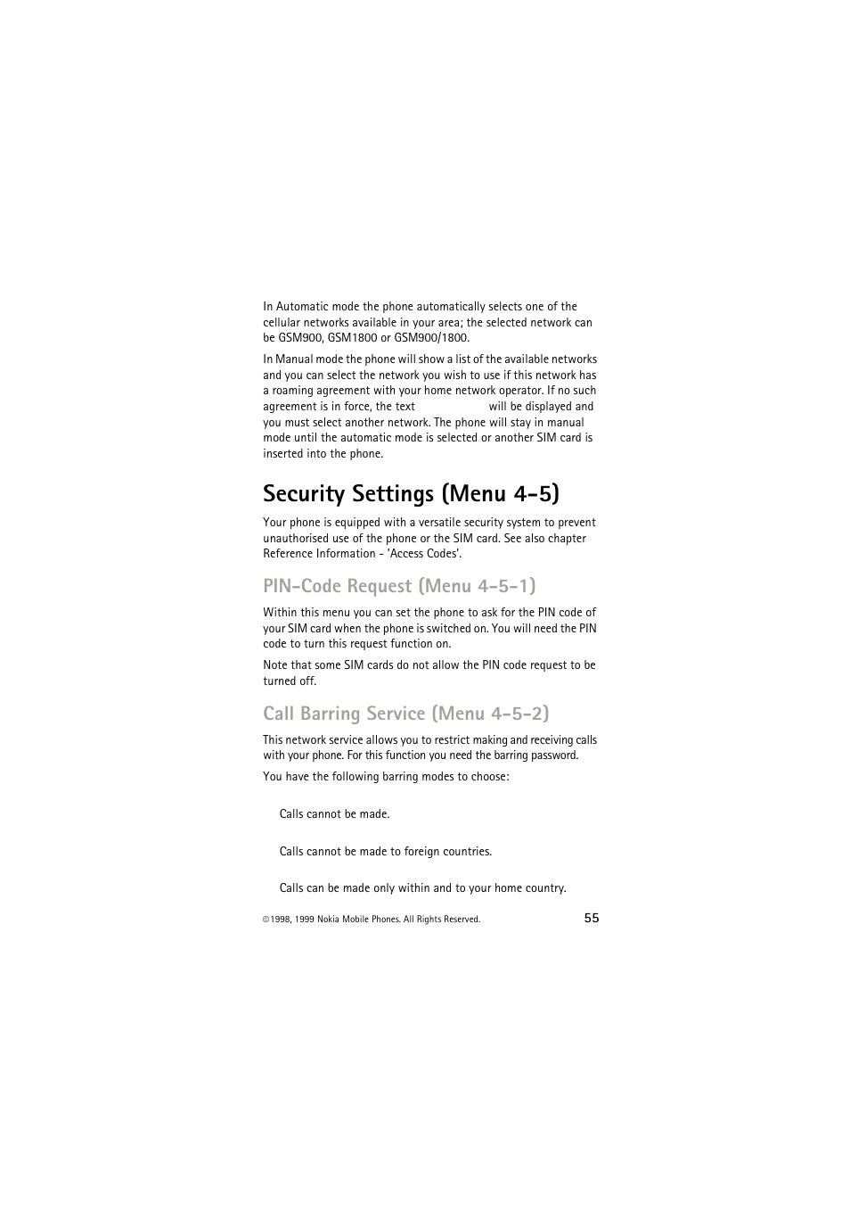 Security settings (menu 4-5), Pin-code request (menu 4-5-1), Call barring service (menu 4-5-2) | Nokia 6150 User Manual | Page 55 / 84