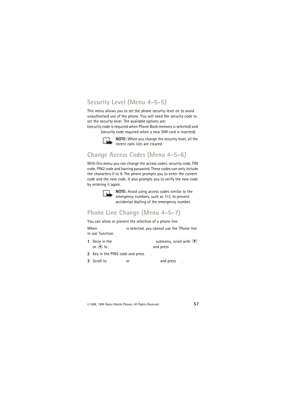 Security level (menu 4-5-5), Change access codes (menu 4-5-6), Phone line change (menu 4-5-7) | Nokia 6150 User Manual | Page 57 / 84