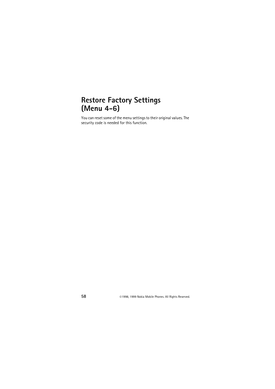 Restore factory settings (menu 4-6) | Nokia 6150 User Manual | Page 58 / 84