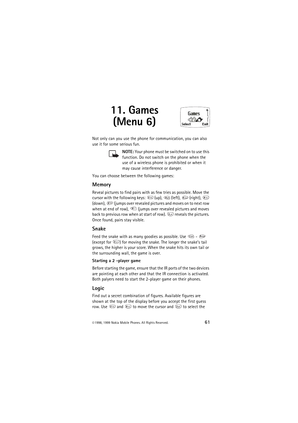 Games (menu 6), Memory, Snake | Logic, Memory snake logic | Nokia 6150 User Manual | Page 61 / 84