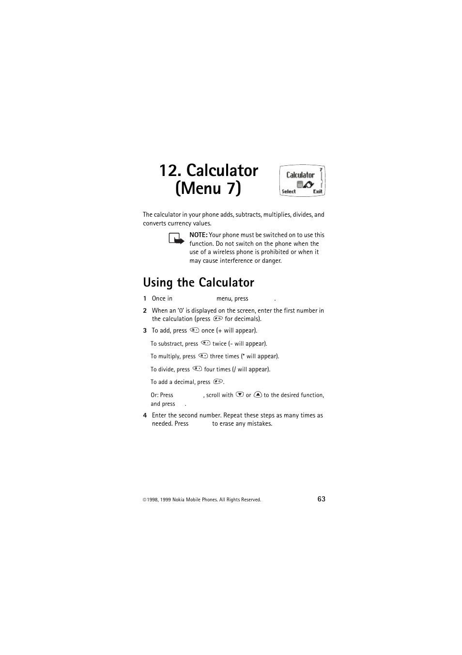Calculator (menu 7), Using the calculator | Nokia 6150 User Manual | Page 63 / 84