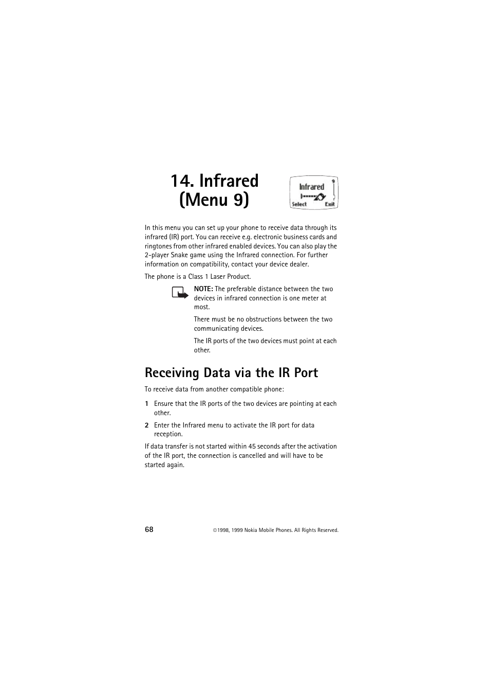 Infrared (menu 9), Receiving data via the ir port | Nokia 6150 User Manual | Page 68 / 84