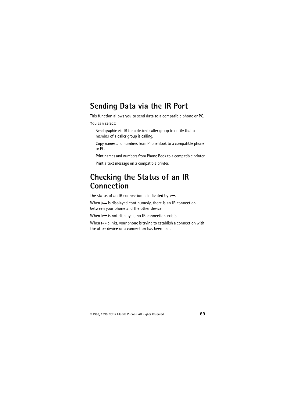 Sending data via the ir port, Checking the status of an ir connection | Nokia 6150 User Manual | Page 69 / 84