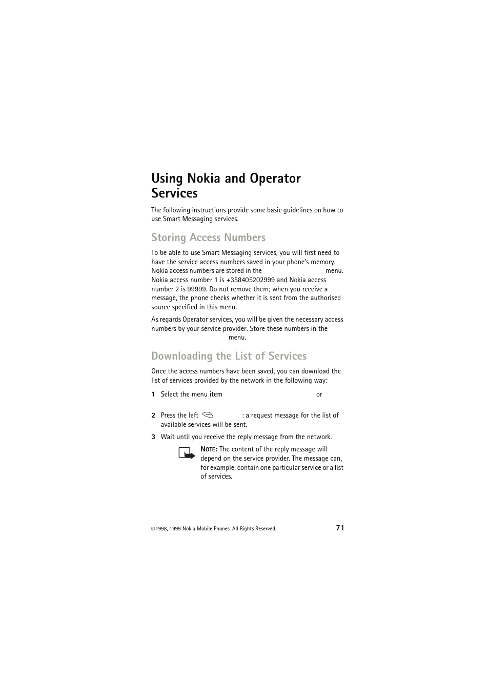 Using nokia and operator services, Storing access numbers, Downloading the list of services | Nokia 6150 User Manual | Page 71 / 84