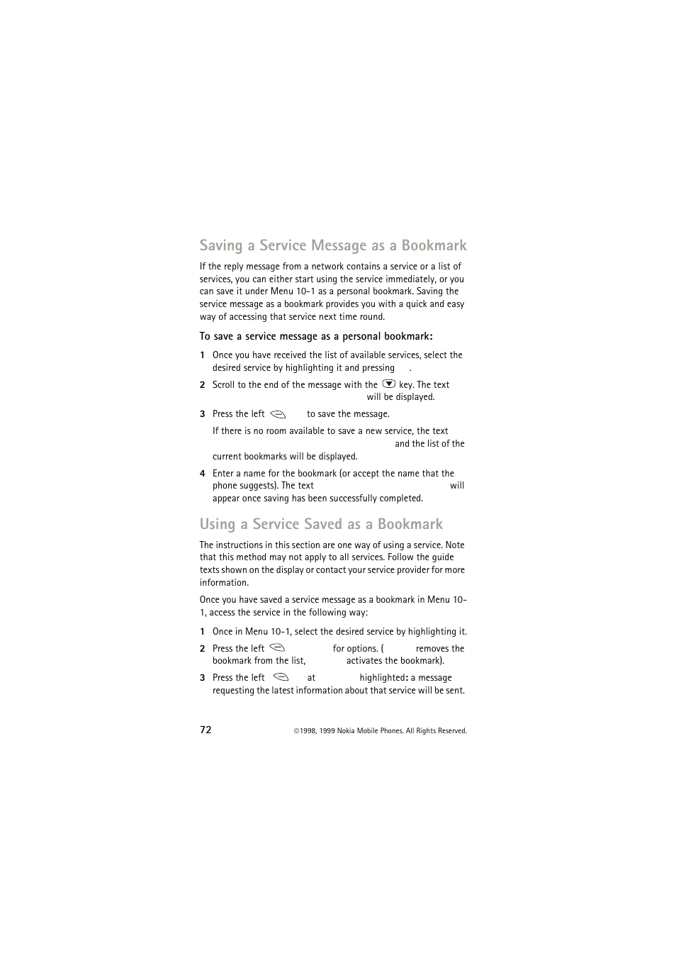 Saving a service message as a bookmark, Using a service saved as a bookmark | Nokia 6150 User Manual | Page 72 / 84
