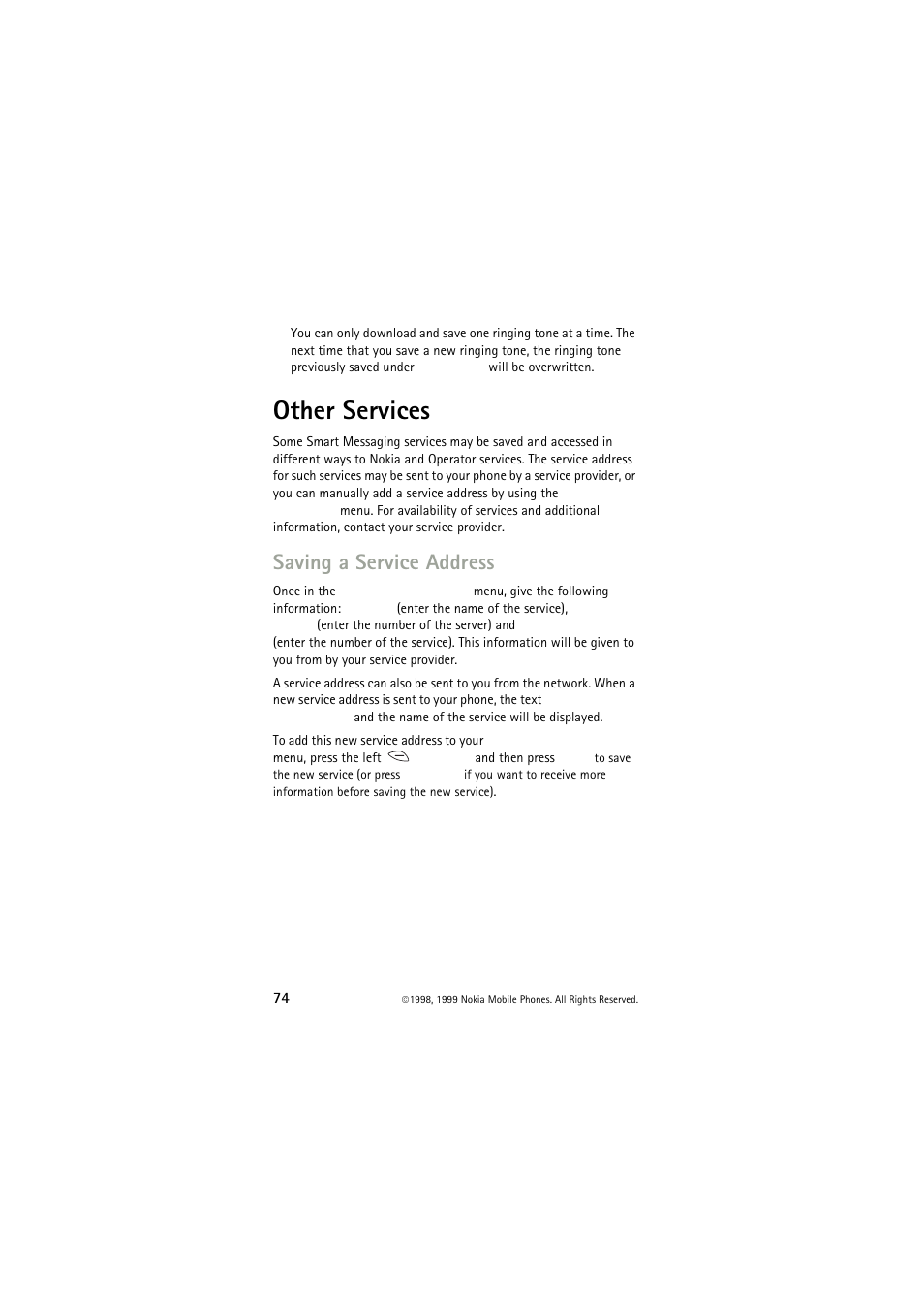 Other services, Saving a service address | Nokia 6150 User Manual | Page 74 / 84
