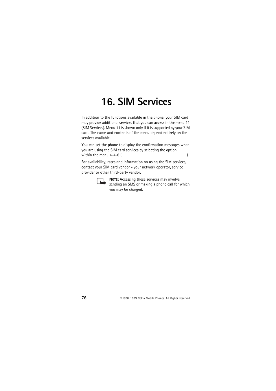 Sim services | Nokia 6150 User Manual | Page 76 / 84