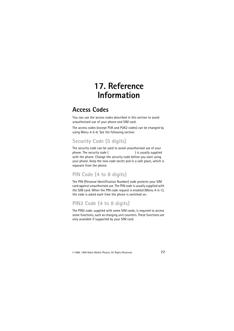 Reference information, Access codes, Security code (5 digits) | Pin code (4 to 8 digits), Pin2 code (4 to 8 digits) | Nokia 6150 User Manual | Page 77 / 84