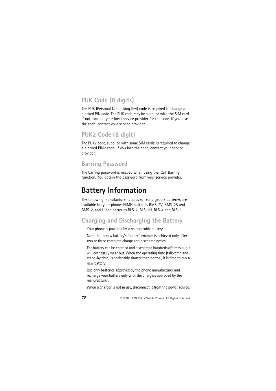 Puk code (8 digits), Puk2 code (8 digit), Barring password | Battery information, Charging and discharging the battery | Nokia 6150 User Manual | Page 78 / 84