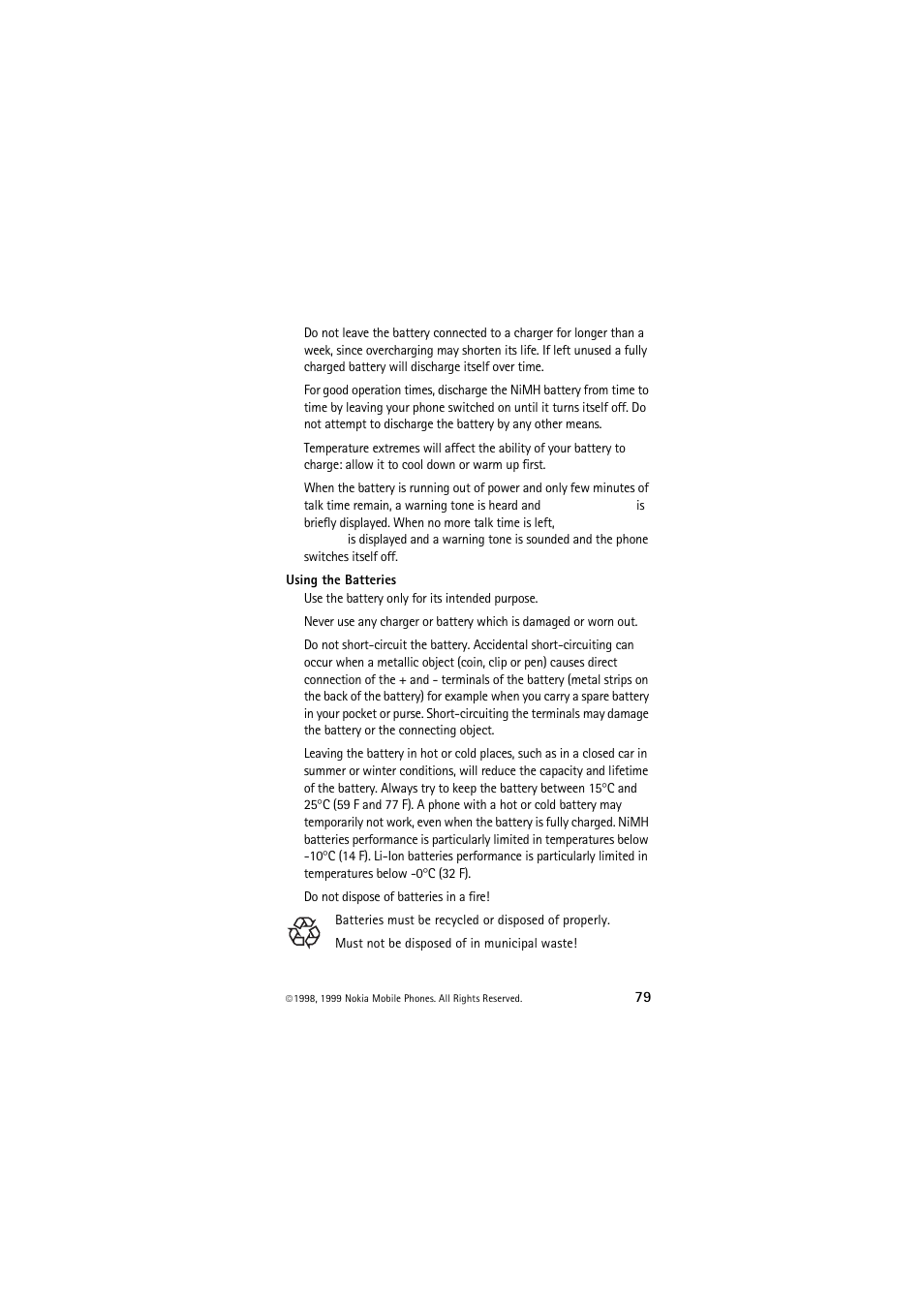 Using the batteries | Nokia 6150 User Manual | Page 79 / 84