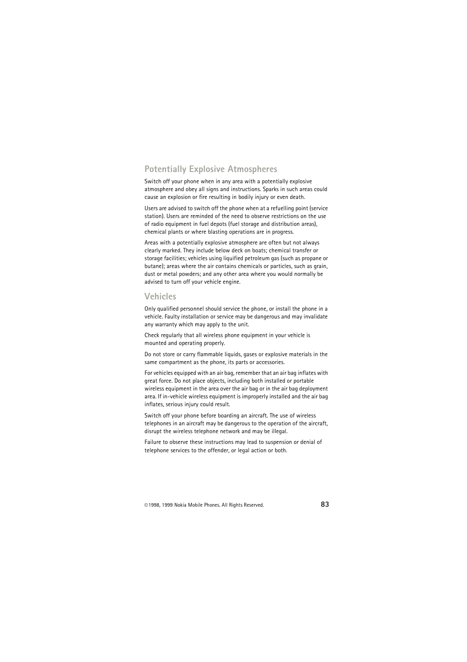 Potentially explosive atmospheres, Vehicles | Nokia 6150 User Manual | Page 83 / 84