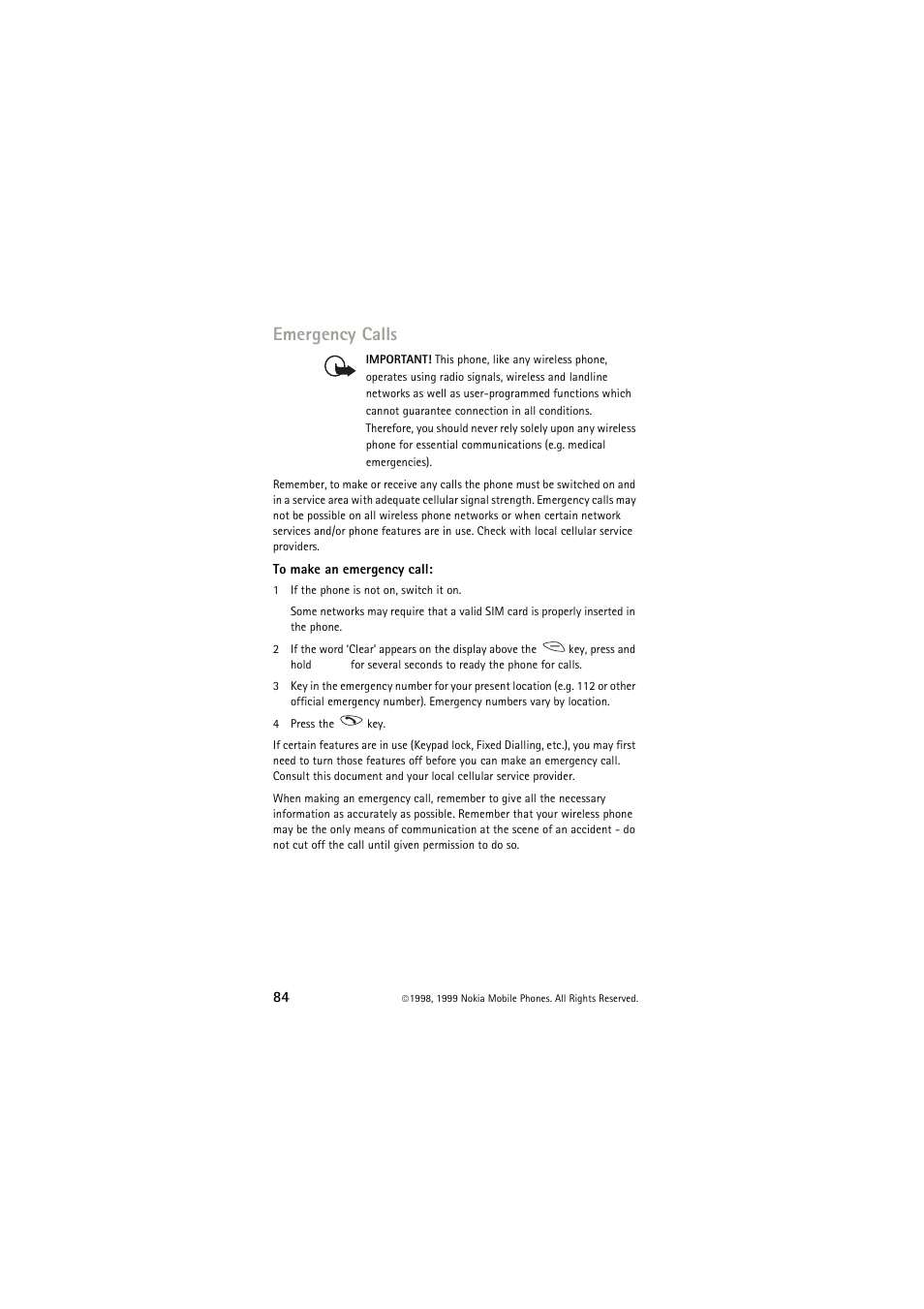 To make an emergency call, Emergency calls | Nokia 6150 User Manual | Page 84 / 84