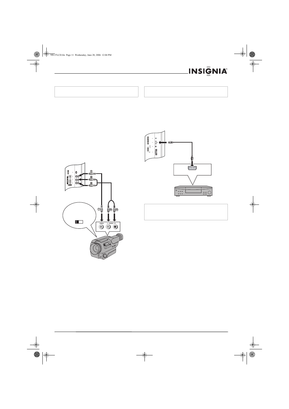 Connecting a camcorder, Connecting a dvd player | Insignia NS-27LCD User Manual | Page 11 / 70