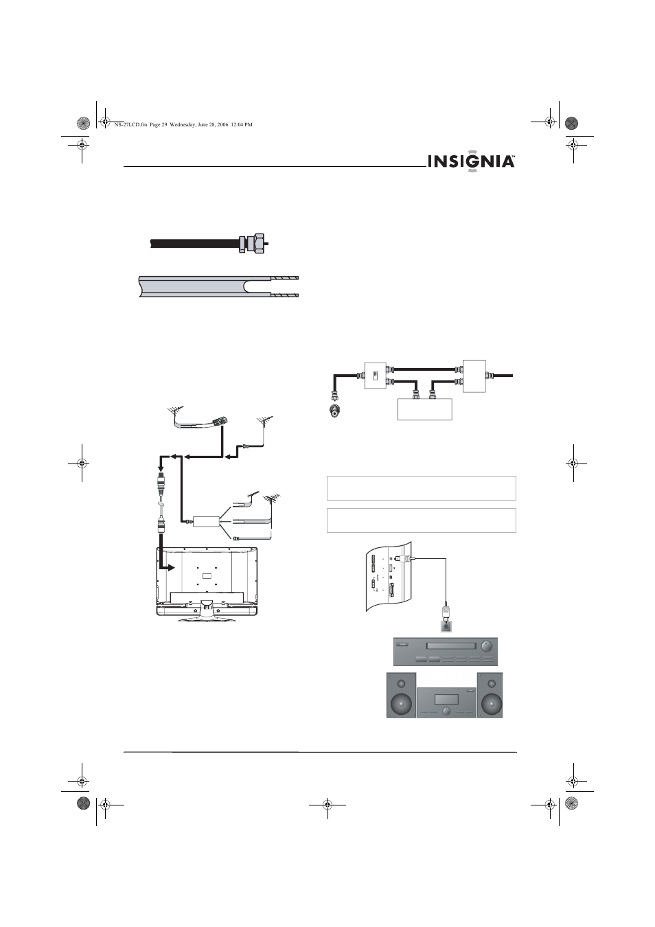 Connexion d’une antenne externe, Raccordement à la tv câblée, Connexion d’un système audio | Insignia NS-27LCD User Manual | Page 29 / 70