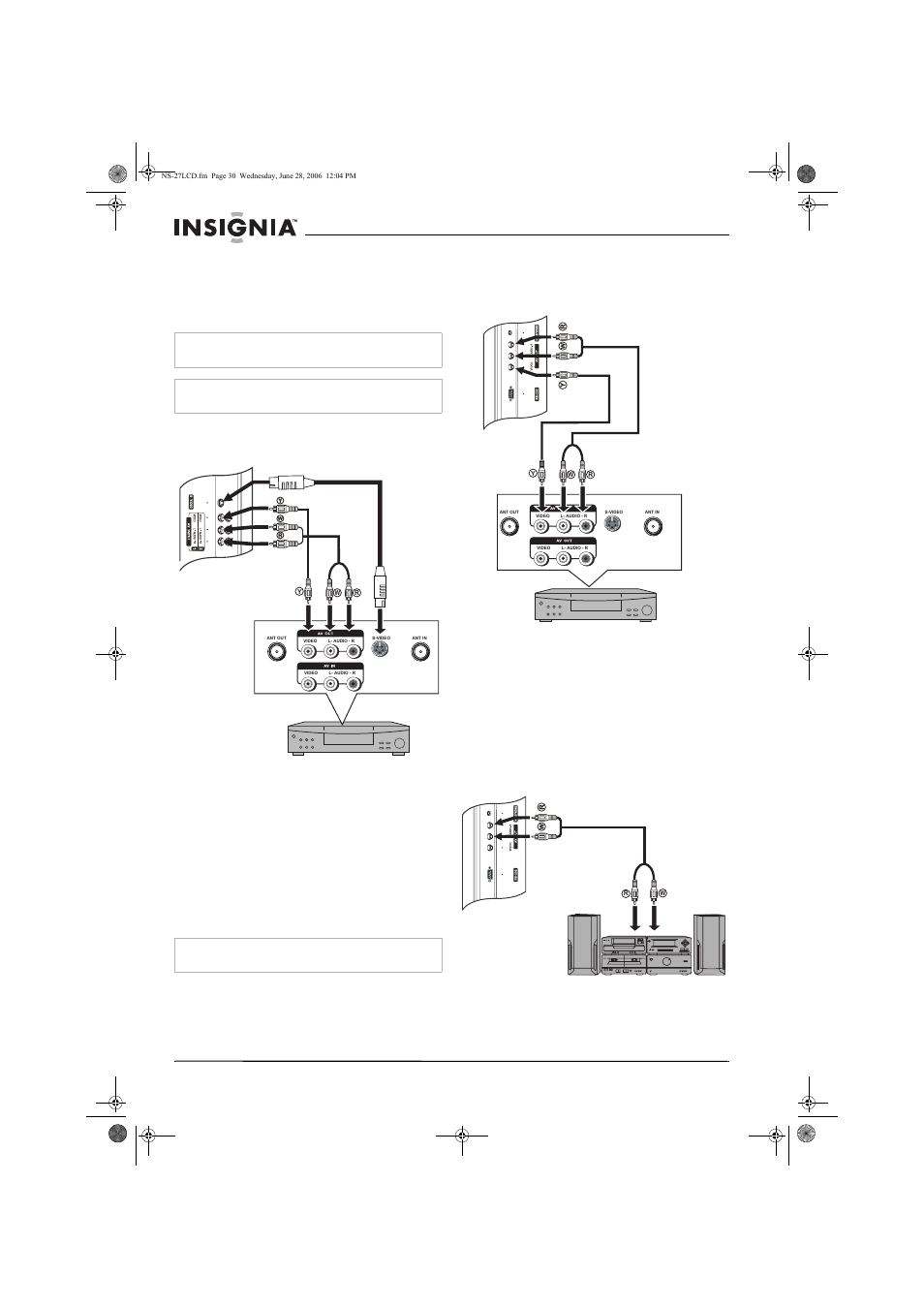 Connexion d’un magnétoscope, Connexion d’un amplificateur | Insignia NS-27LCD User Manual | Page 30 / 70
