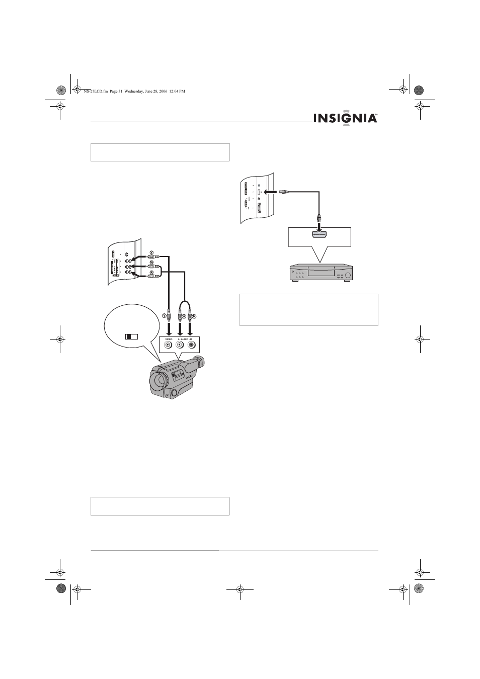 Connexion d’un caméscope, Connexion d’un lecteur de dvd | Insignia NS-27LCD User Manual | Page 31 / 70