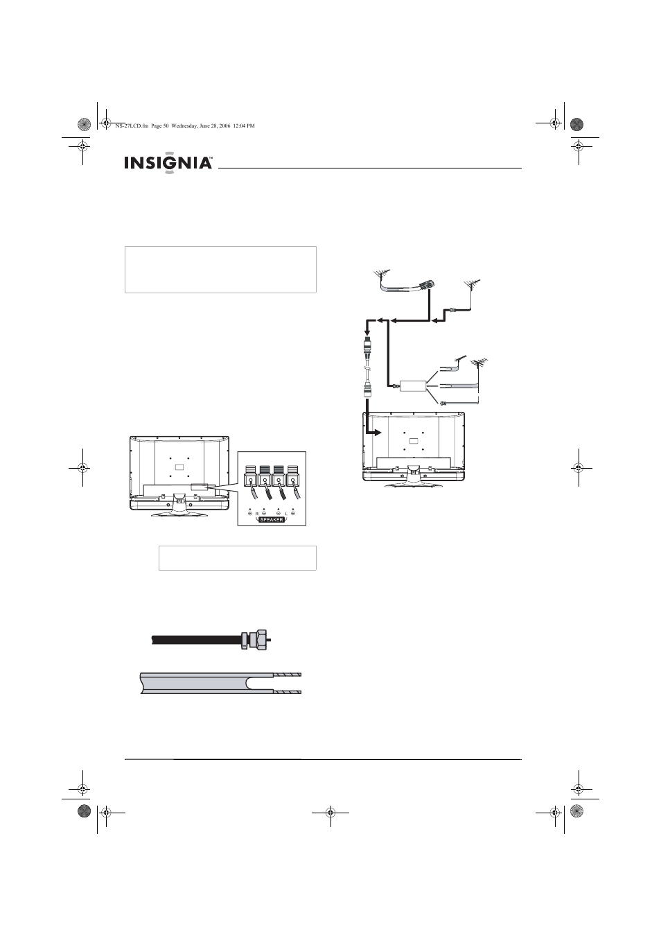Conexión de su tv a un tomacorriente eléctrico, Conexión de altavoces, Conexión de una antena externa | Conexión de tv por cable | Insignia NS-27LCD User Manual | Page 50 / 70