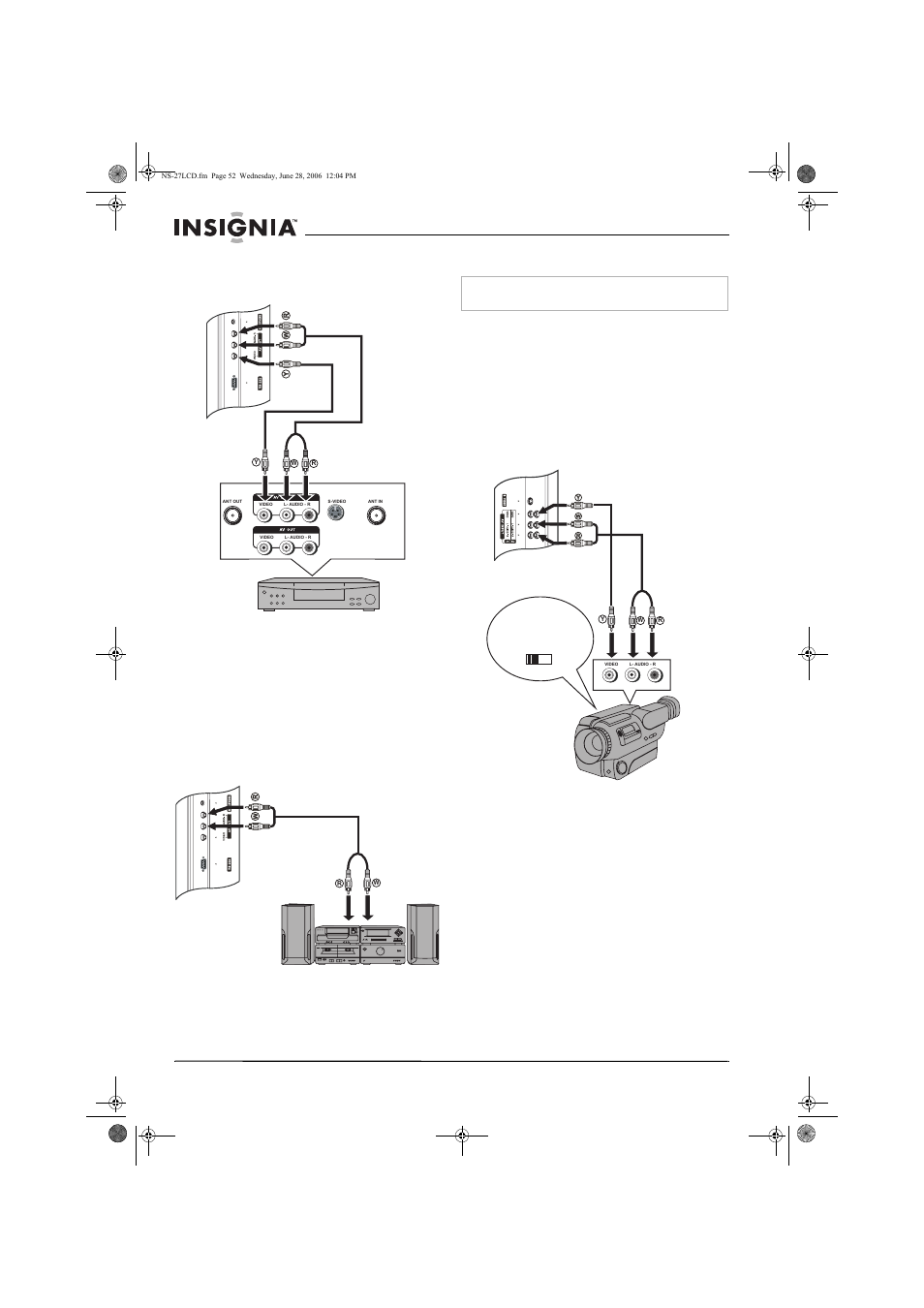 Conexión de un amplificador, Conexión de una cámara de video | Insignia NS-27LCD User Manual | Page 52 / 70