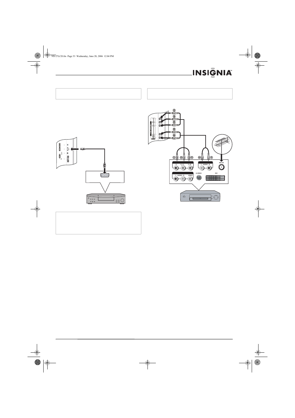 Conexión de un reproductor de dvd, Conexión de un receptor de dtv | Insignia NS-27LCD User Manual | Page 53 / 70