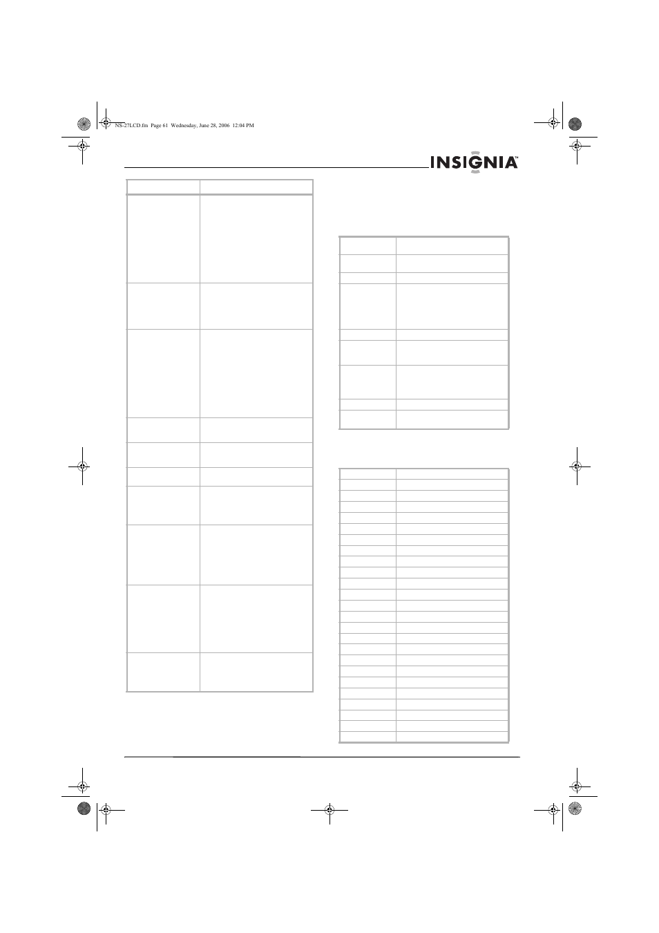 Especificaciones, Apéndice | Insignia NS-27LCD User Manual | Page 61 / 70