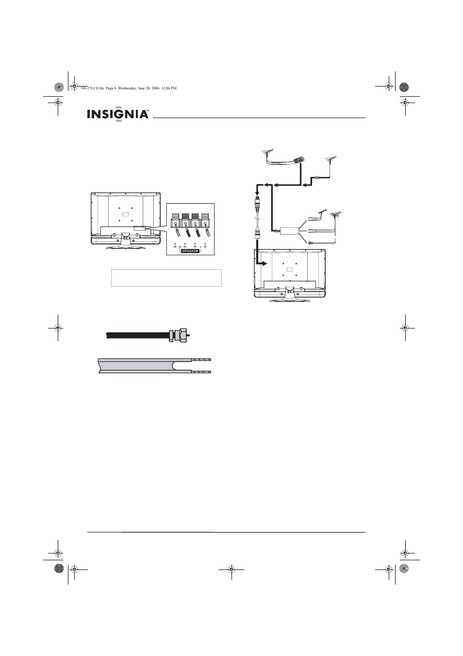 Connecting speakers, Connecting an outside antenna, Connecting cable tv | Insignia NS-27LCD User Manual | Page 8 / 70