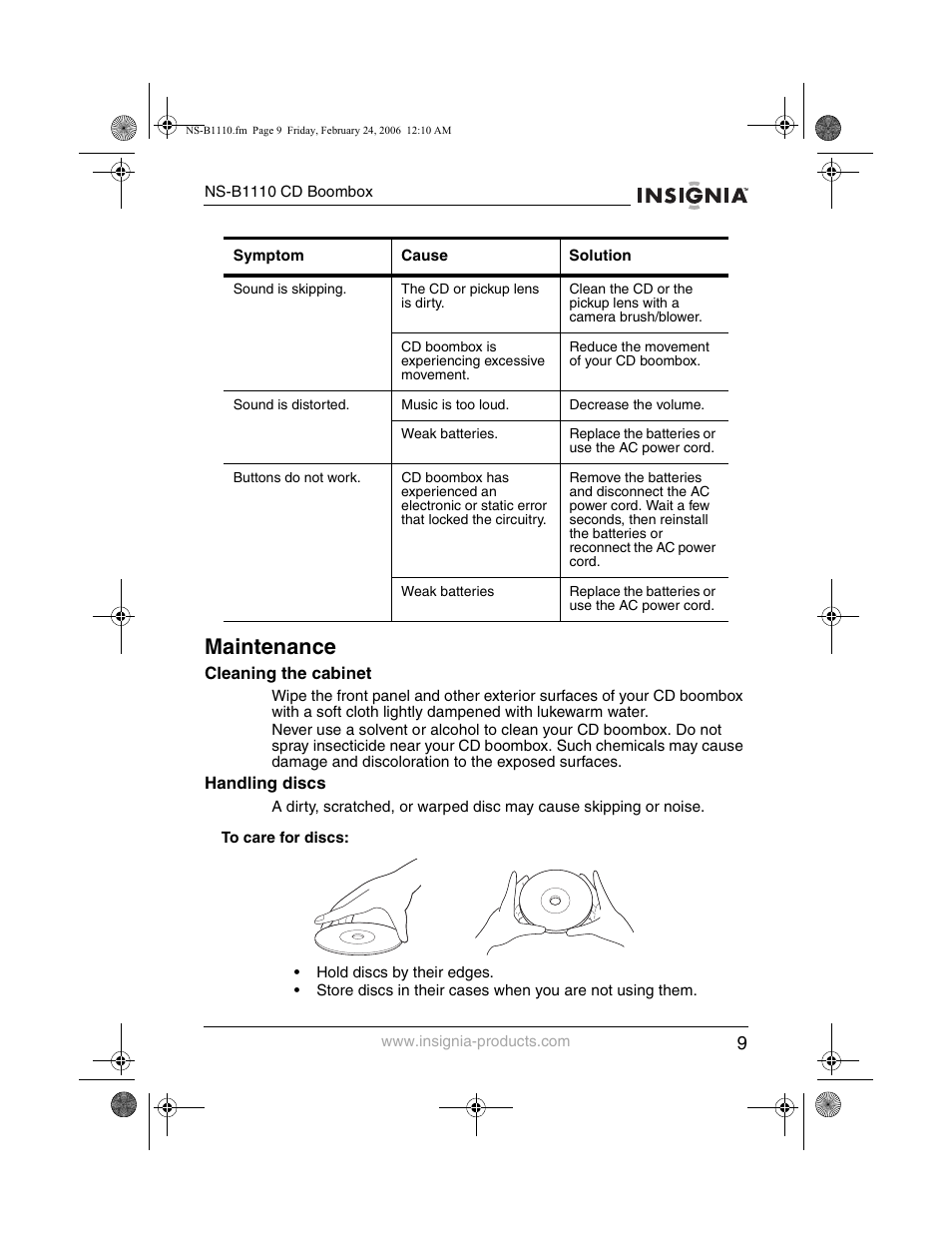 Maintenance | Insignia NS-B1110 User Manual | Page 11 / 44