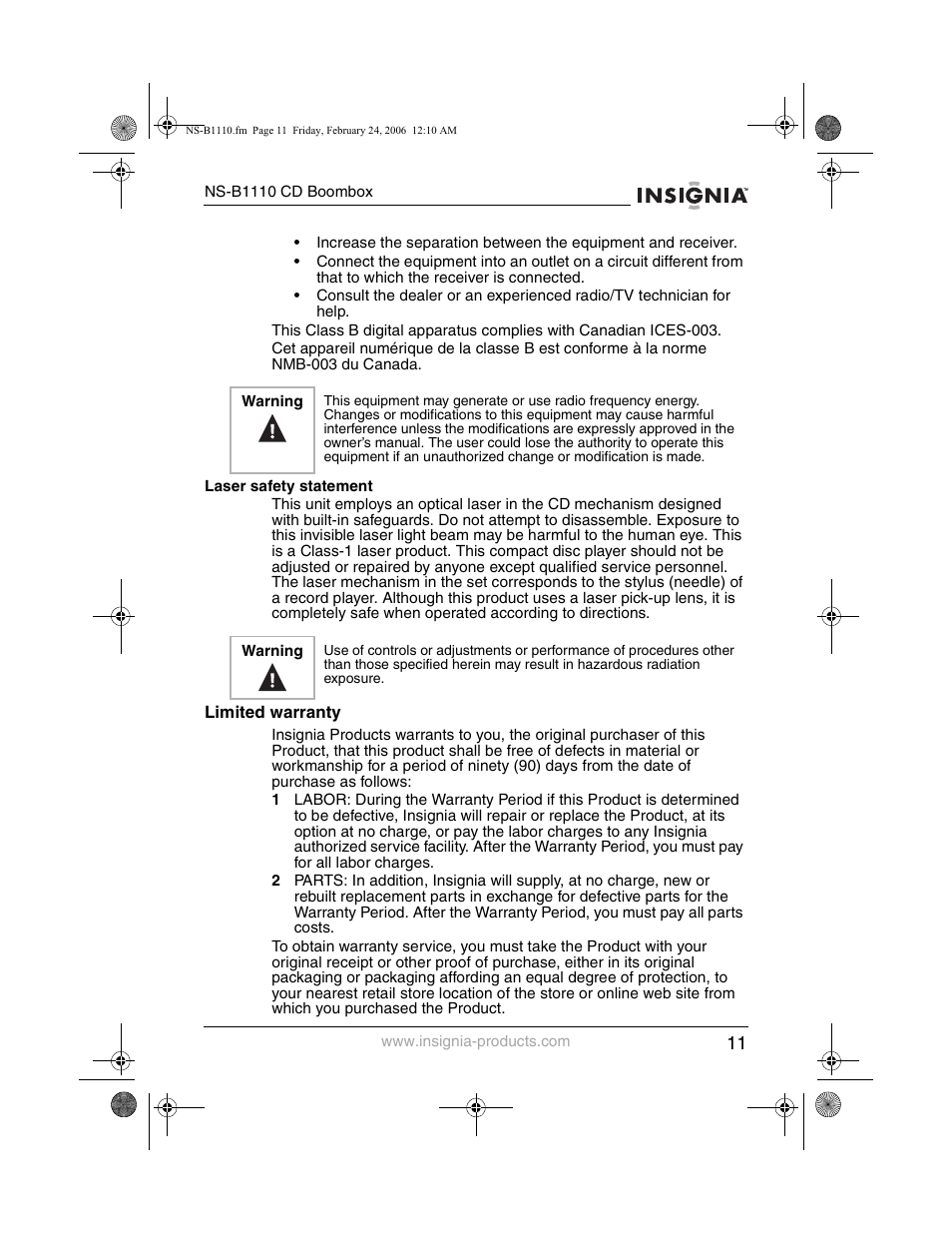 Insignia NS-B1110 User Manual | Page 13 / 44