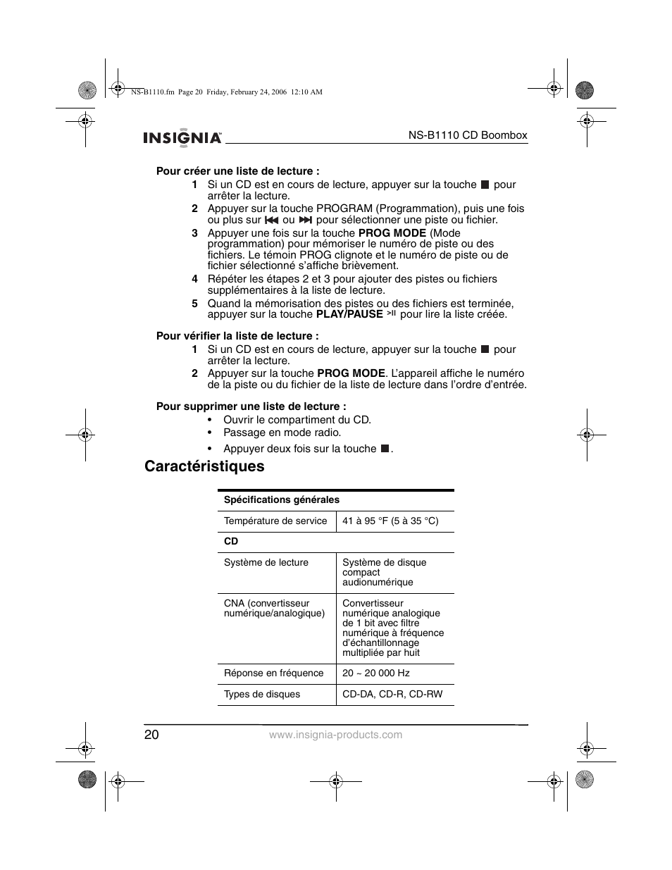 Caractéristiques | Insignia NS-B1110 User Manual | Page 22 / 44