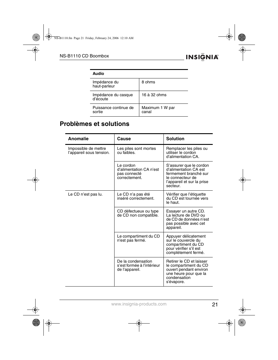 Problèmes et solutions | Insignia NS-B1110 User Manual | Page 23 / 44