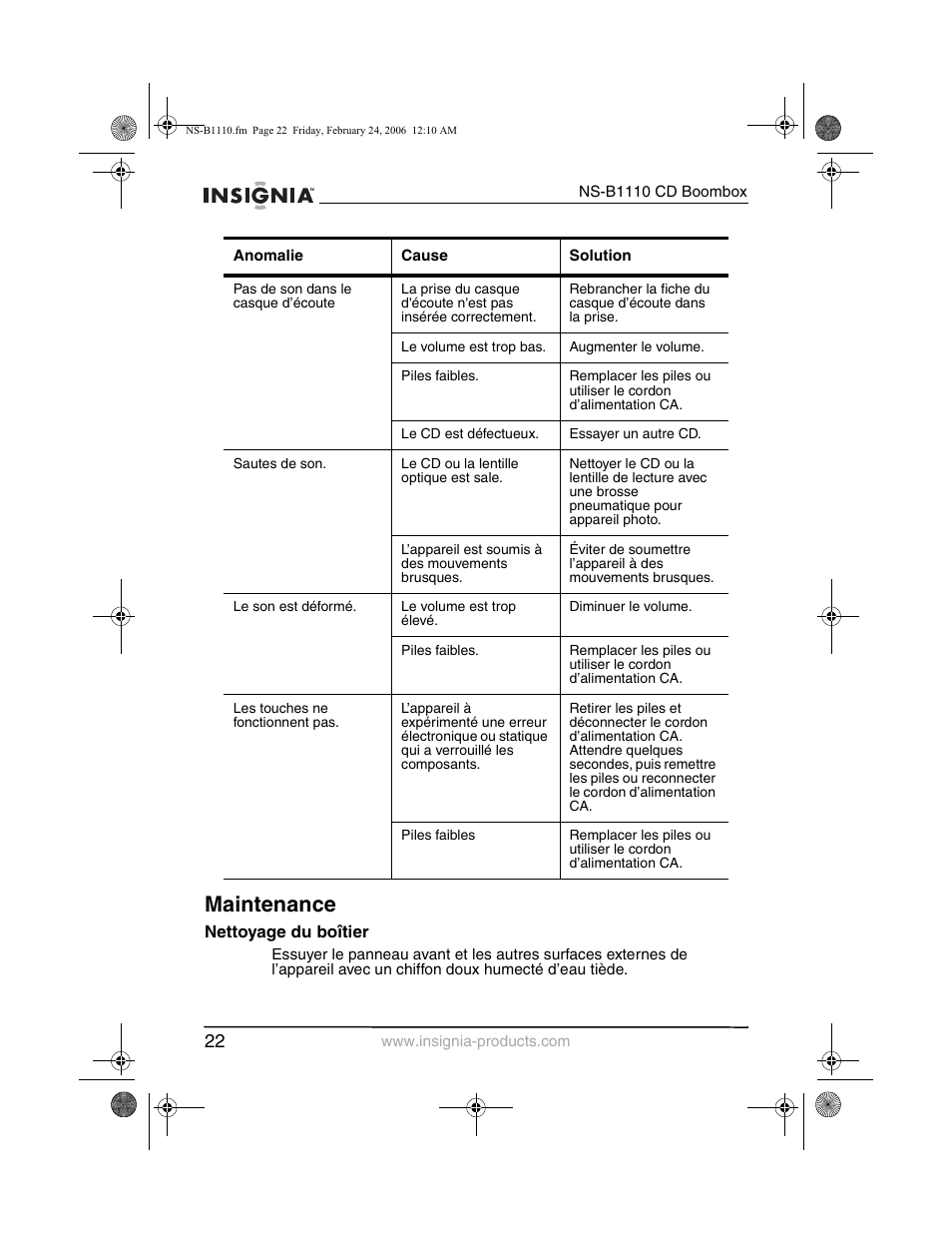 Maintenance | Insignia NS-B1110 User Manual | Page 24 / 44