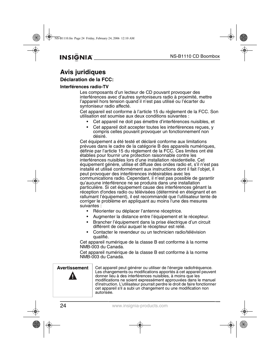 Avis juridiques | Insignia NS-B1110 User Manual | Page 26 / 44