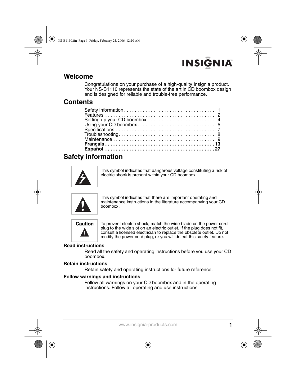 Insignia NS-B1110 User Manual | Page 3 / 44