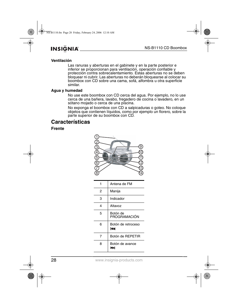 Características | Insignia NS-B1110 User Manual | Page 30 / 44