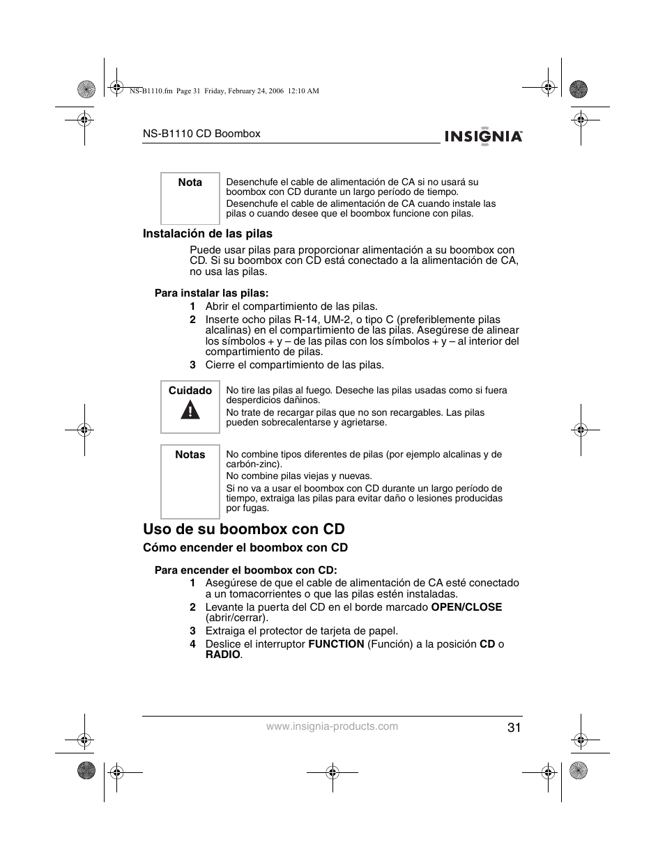 Uso de su boombox con cd | Insignia NS-B1110 User Manual | Page 33 / 44