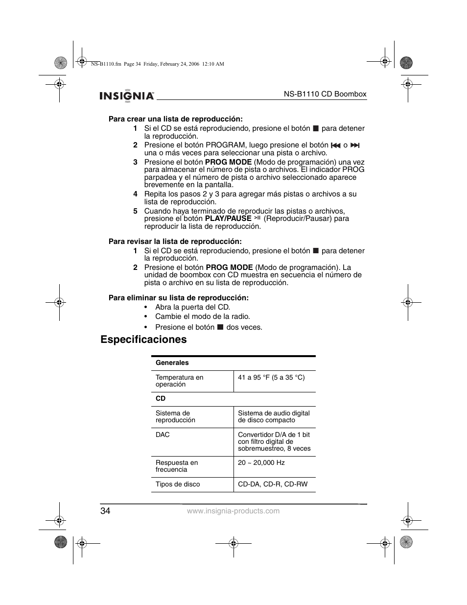 Especificaciones | Insignia NS-B1110 User Manual | Page 36 / 44