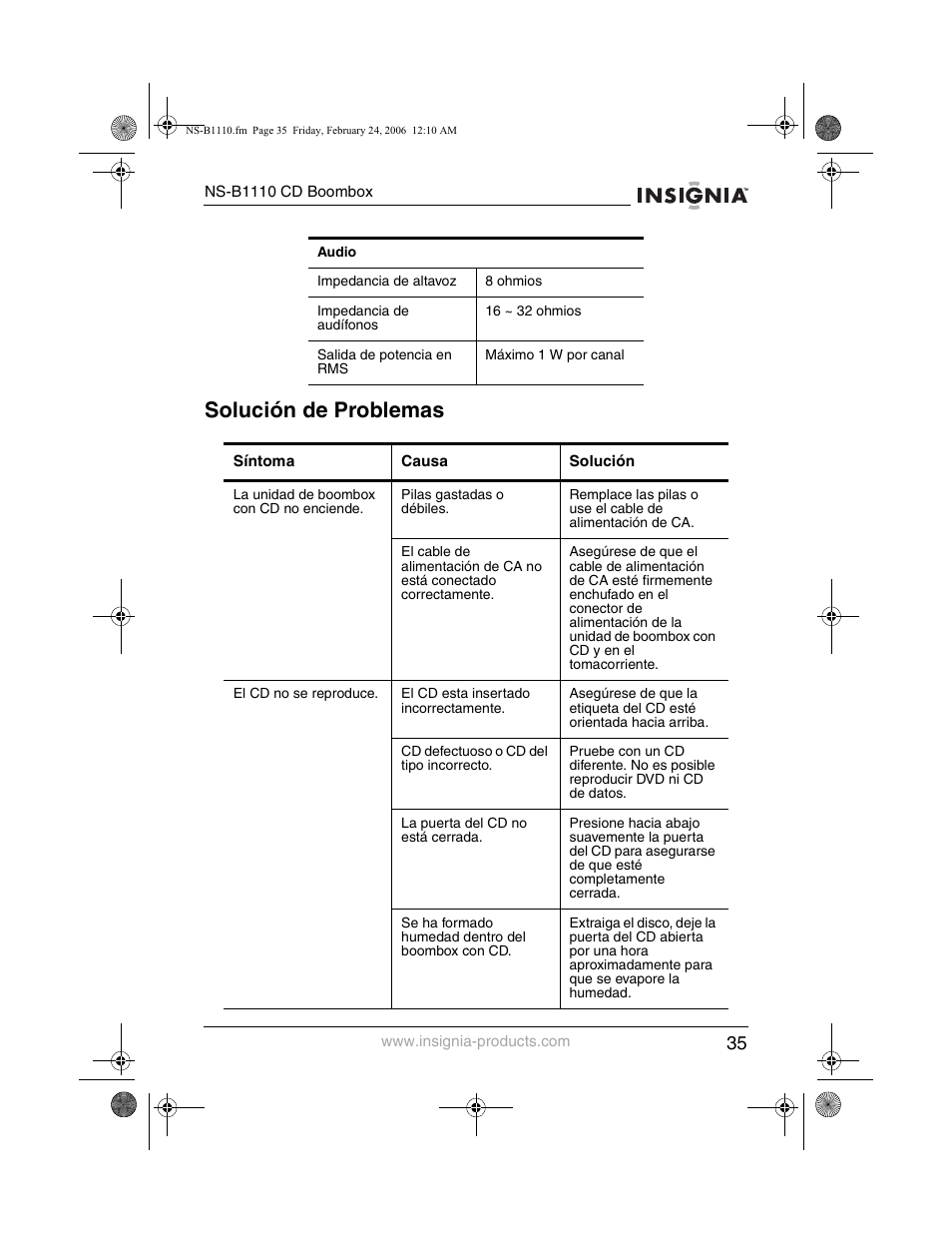 Solución de problemas | Insignia NS-B1110 User Manual | Page 37 / 44